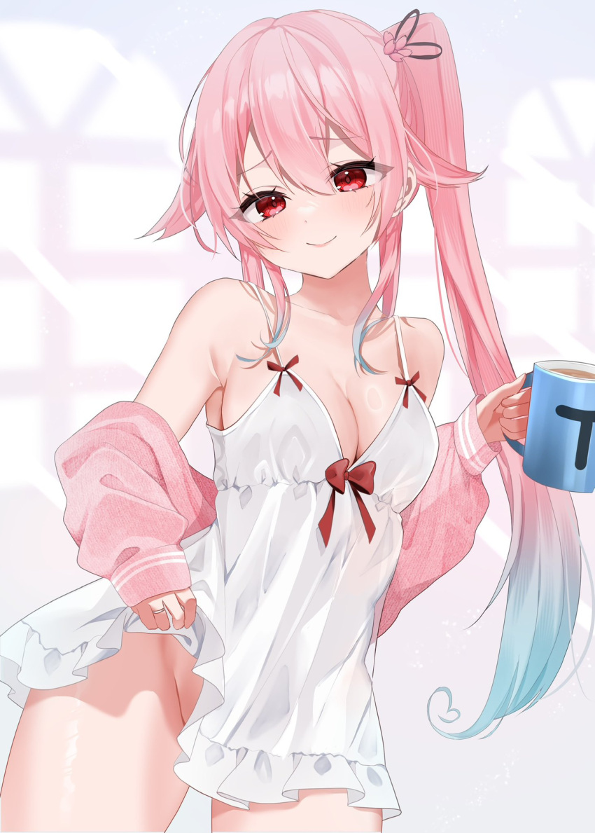 breasts camisole camisole_lift cleavage clothes_lift cup female flower hair_flaps hair_flower hair_ornament harusame_(kancolle) highres holding holding_cup jewelry kantai_collection long_hair medium_breasts no_panties pink_hair red_eyes ring side_ponytail smile solo wedding_ring white_camisole yoshino_(mfmfpng)