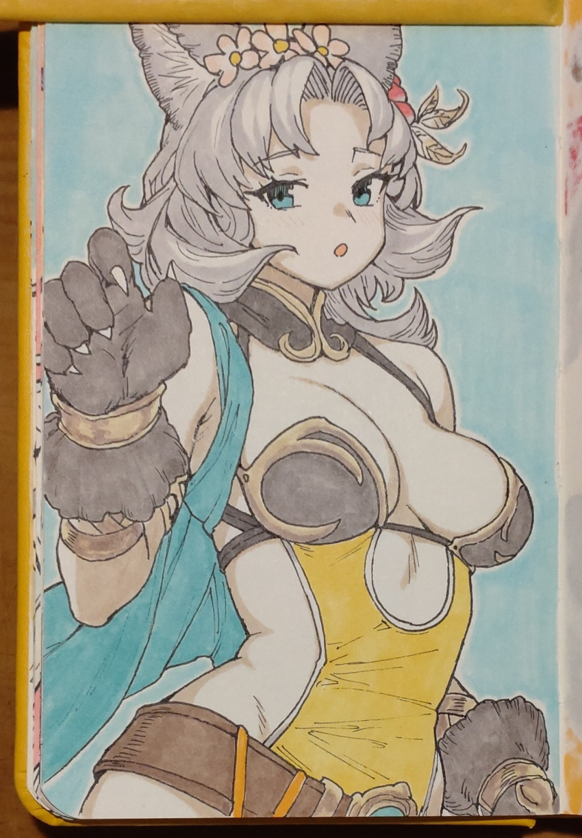 animal_ears animal_hands armlet breasts cat_ears cat_paws cleavage dark-skinned_female dark_skin erune female flower flower_wreath gloves granblue_fantasy grey_hair hair_flower hair_ornament head_wreath highres houtengeki marker_(medium) melleau paw_gloves solo traditional_media