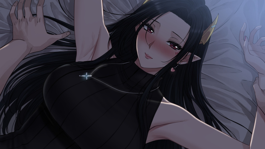 1boy bed_sheet black_hair black_sweater blush breasts closed_mouth collarbone commentary_request cross cross_necklace earrings facial_mark female heart heart_earrings highres holding_another's_wrist horns indie_virtual_youtuber jewelry large_breasts lips long_hair looking_at_viewer lying nail_polish necklace on_back pink_nails pointy_ears pov pov_hands red_eyes ribbed_sweater sidelocks sleeveless sleeveless_sweater solo_focus sweater thai_commentary turtleneck turtleneck_sweater umino_ciala xter