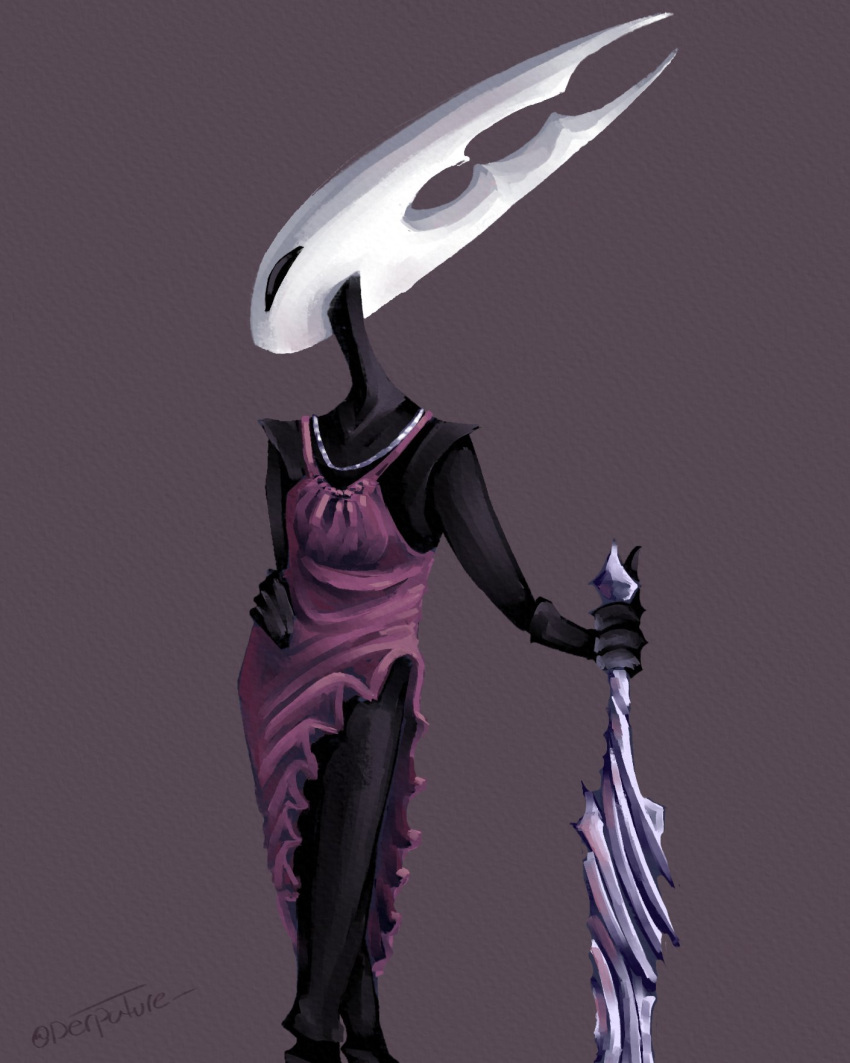 2024 2_horns 4_fingers anthro arthropod artist_name black_arms black_eyes black_hands black_legs black_neck clothed clothing derpature digital_media_(artwork) dress english_text female fingers hi_res holding_melee_weapon holding_object holding_sword holding_weapon hollow_knight horn hornet_(hollow_knight) jewelry melee_weapon nail_(weapon) necklace simple_background solo standing sword team_cherry text weapon white_head