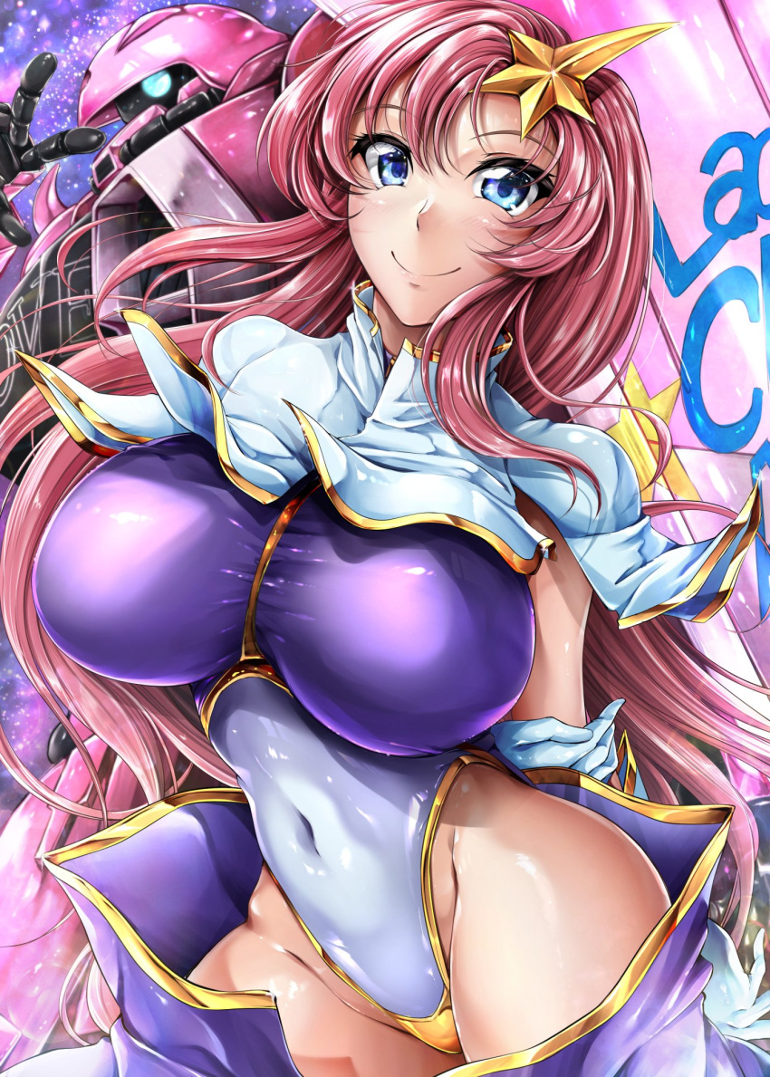 blue_eyes breasts campbell_gichou capelet covered_navel female gloves gundam gundam_seed gundam_seed_destiny hair_ornament highleg highleg_leotard highres large_breasts leotard long_hair looking_at_viewer mecha meer_campbell multicolored_leotard pink_hair purple_skirt robot skirt smile solo star_(symbol) star_hair_ornament white_capelet white_gloves zaku_warrior_concert_custom