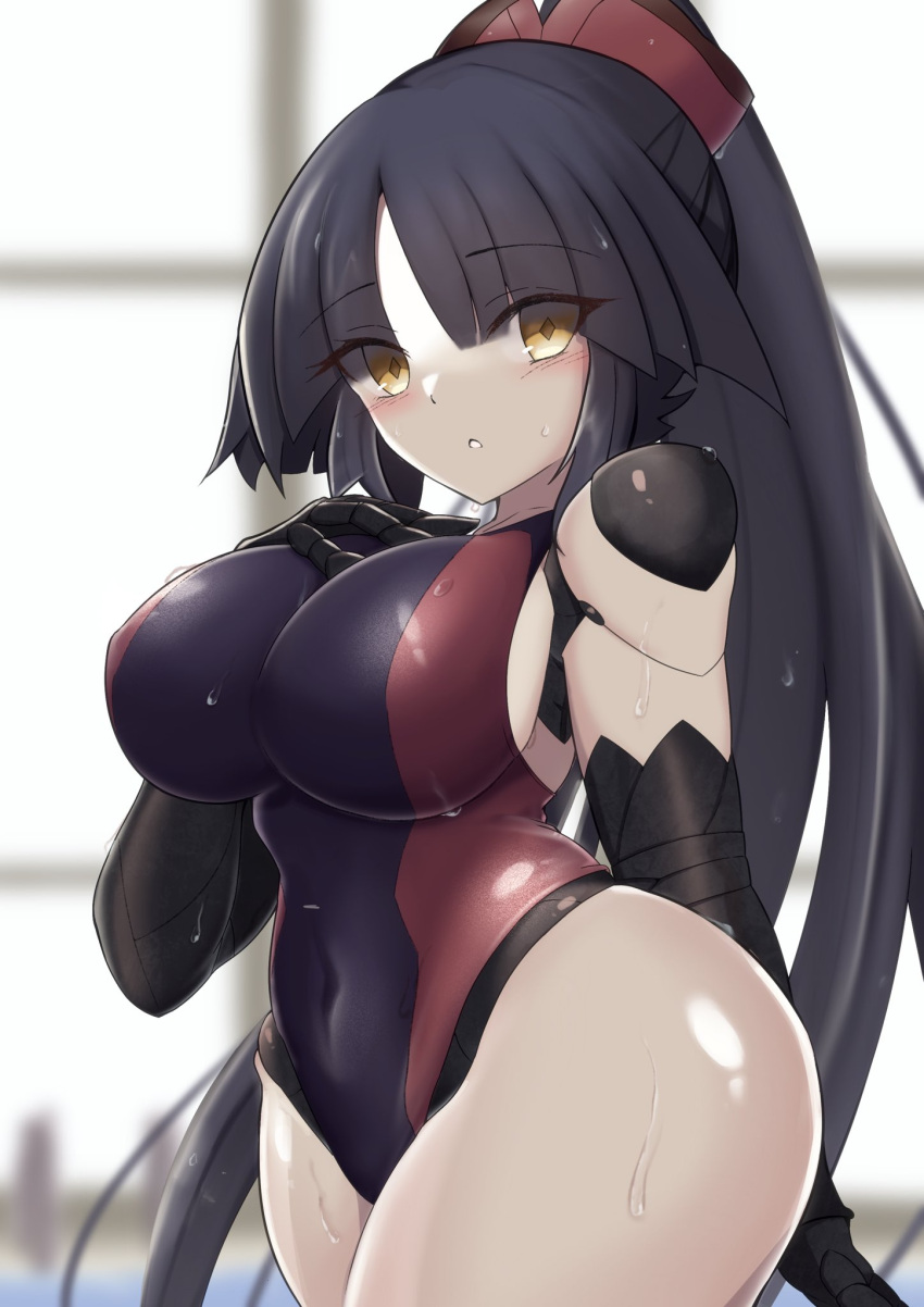 black_hair blush breasts covered_navel diamond-shaped_pupils diamond_(shape) fate/grand_order fate_(series) female hand_on_own_chest highres joints katou_danzou_(fate) large_breasts long_hair moyashi_(pixiv44153669) ponytail robot_joints symbol-shaped_pupils wet yellow_eyes