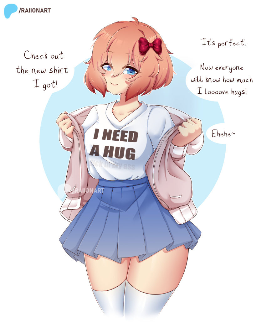 absurdres artist_name blue_eyes bow breasts collarbone collared_shirt doki_doki_literature_club english_text fuck-me_shirt hair_between_eyes hairbow highres hood hoodie looking_at_viewer medium_breasts meme_attire off_shoulder orange_hair patreon_logo pink_hoodie pleated_skirt raion_(raionart) red_bow sayori_(doki_doki_literature_club) shirt short_hair skirt smile thick_thighs thighhighs thighs white_background white_thighhighs