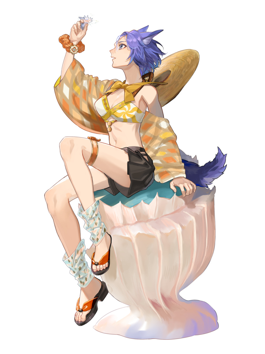 almightyx124 animal_ears bikini bikini_top_only black_shorts bow bowtie breasts dairoku_ryouhei female full_body hat highres holding holding_shell navel orange_scrunchie profile purple_eyes purple_hair sandals scrunchie see-through see-through_legwear shell short_hair short_shorts shorts sitting small_breasts solo sun_hat swimsuit tail thigh_strap transparent_background unworn_hat unworn_headwear vivi_yuzuriha wide_sleeves wrist_scrunchie yellow_bow yellow_bowtie