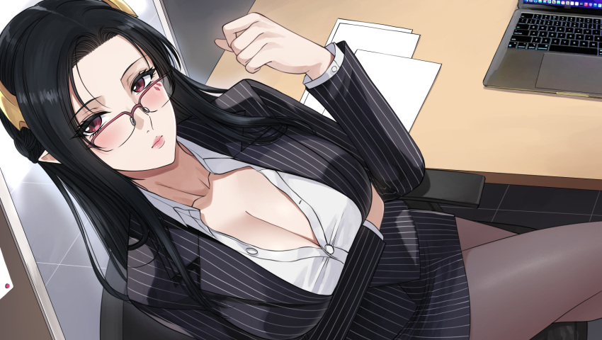 arm_under_breasts black_hair black_jacket black_pantyhose black_skirt blush breasts cleavage closed_mouth collarbone collared_shirt commentary_request computer dress_shirt facial_mark female glasses highres horns indie_virtual_youtuber indoors jacket laptop large_breasts lips long_hair long_sleeves looking_at_viewer office office_lady on_chair pantyhose paper pointy_ears red_eyes shirt sidelocks sitting skirt solo table thai_commentary umino_ciala virtual_youtuber white_shirt xter