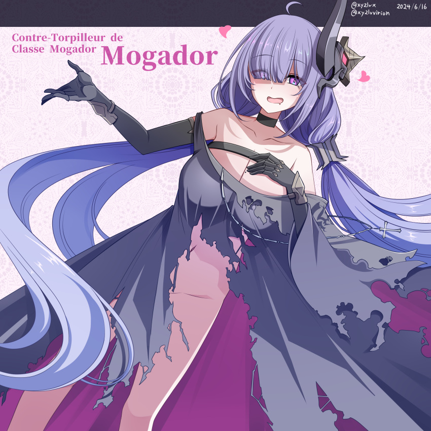 absurdres azur_lane black_gloves breasts character_name cleavage collarbone dated drooling elbow_gloves female gloves hair_ornament hair_over_one_eye heart hebitsukai-san highres large_breasts long_hair looking_at_viewer mogador_(azur_lane) mouth_drool naked_poncho navel open_mouth purple_eyes purple_hair smile solo twitter_username very_long_hair