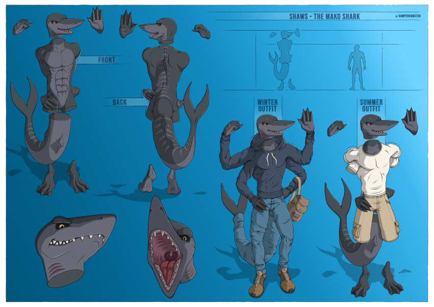 abs absurd_res animal_humanoid anthro bottomwear bulge cel_shading clothed clothed/nude clothing denim denim_bottomwear denim_clothing detachable_arms detached_hand fish fish_humanoid grin hamperhamster hi_res hoodie humanoid jeans male marine marine_humanoid model_sheet muscular muscular_anthro muscular_male nude pants pecs shaded shark shark_humanoid smile solo teeth topwear