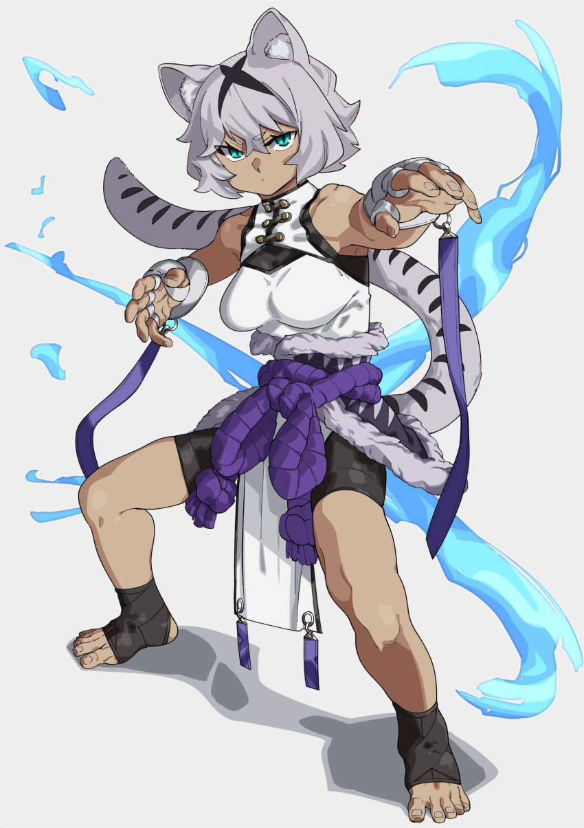 animal_ear_fluff animal_ears aqua_eyes bare_shoulders black_hair breasts byakko chinese_clothes feet female fighting_stance fingernails glaring gloves grey_hair highres loincloth looking_at_viewer medium_breasts medium_hair original purple_rope rope shirt slit_pupils solo stirrup_legwear striped_hair striped_tail tail tan tassel tiger tiger_ears tiger_girl tiger_tail toeless_legwear toenails white_gloves white_hair white_loincloth white_shirt white_tiger yoshimaro