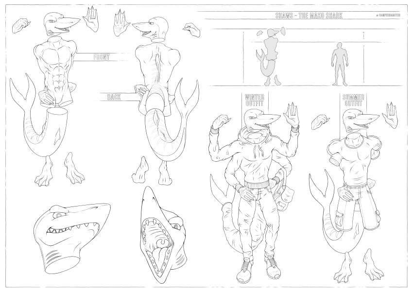 absurd_res animal_humanoid anthro bottomwear clothed clothed/nude clothing denim denim_bottomwear denim_clothing detachable_arms detached_hand fish fish_humanoid grin hamperhamster hi_res hoodie humanoid jeans male marine marine_humanoid model_sheet nude pants shark shark_humanoid smile solo teeth topwear