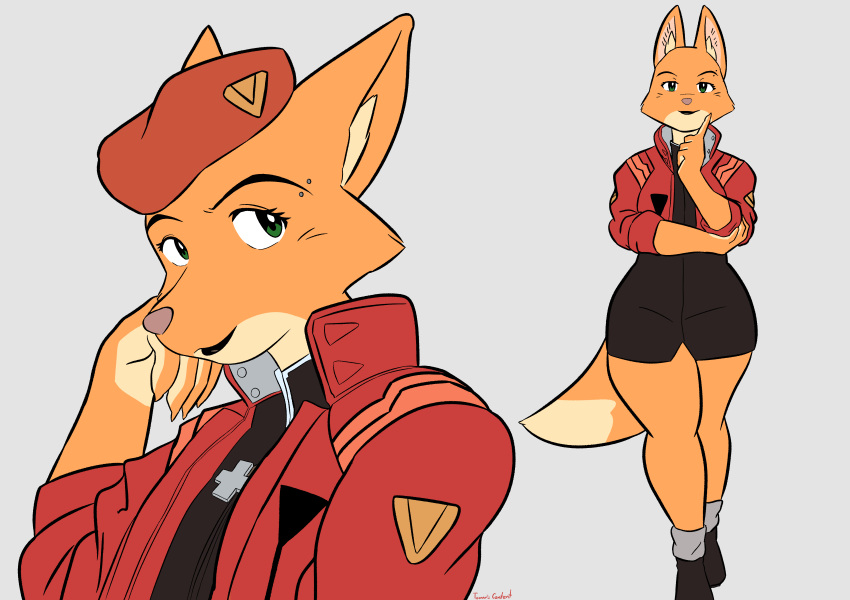 absurd_res anthro biped canid canine clothed clothing cosplay crossover crossover_cosplay diane_foxington digital_media_(artwork) dreamworks eyebrow_piercing facial_piercing female fox fully_clothed fur green_eyes hi_res looking_at_viewer mammal misato_katsuragi neon_genesis_evangelion orange_body orange_fur piercing red_clothing simple_background solo standing the_bad_guys toonarscontent uniform