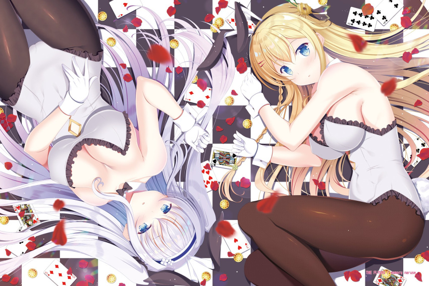 2girls animal_ears bad_id bad_twitter_id bare_arms bare_shoulders blonde_hair blue_eyes blurry bow bowtie braid breasts brown_legwear card checkered_floor cleavage coin collarbone detached_collar fake_animal_ears flower_knight_girl frills gloves hair_ornament hair_spread_out hairband hairclip highres impossible_clothes impossible_leotard kinutasou_(flower_knight_girl) large_breasts leotard long_hair looking_at_viewer megi_(flower_knight_girl) multiple_girls naruse_mamoru pantyhose parted_lips petals playboy_bunny playing_card rabbit_ears sidelocks white_gloves white_hair white_leotard wrist_cuffs