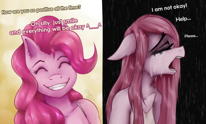 2021 absurd_res anthro bodily_fluids bust_portrait closed_eyes crying depression digital_media_(artwork) earth_pony english_text equid equine female friendship_is_magic hair happy hasbro hi_res horse mammal my_little_pony open_mouth pinkamena_(mlp) pinkie_pie_(mlp) pony portrait sad shamziwhite smile solo tears text