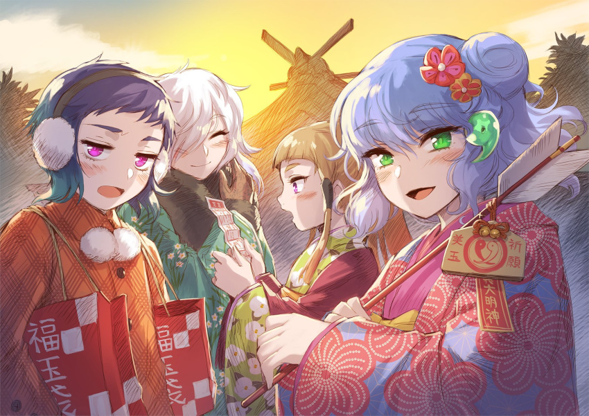 4boys amefuri_(muen_kai) arinoto_watari bad_id bad_twitter_id blue_hair earmuffs ema fukubukuro highres hitotsuana_torino japanese_clothes kikunomon_tsubomi kimono magatama magatama_hair_ornament multiple_boys new_year omikuji original otoko_no_ko tamabukuro_yutaka white_hair