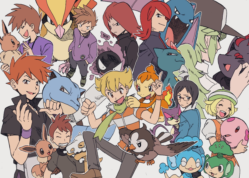 6+boys barry_(pokemon) baseball_cap bianca_(pokemon) black_shirt blastoise blue_oak brown_hair cheren_(pokemon) chimchar clenched_hands closed_eyes closed_mouth cubone eevee fangs female gastly golbat green_scarf hands_in_pockets hands_up hat highres holding holding_pokemon jewelry multiple_boys multiple_persona munna n_(pokemon) nashubi_(to_infinity_wow) necklace open_mouth panpour pansage pants pidgeot pokemon pokemon_(creature) pokemon_bw pokemon_dppt pokemon_frlg pokemon_gsc pokemon_hgss pokemon_lgpe pokemon_rgby popped_collar protected_link purple_wristband purrloin red_hair scarf shirt silver_(pokemon) smile sneasel spiked_hair starly tongue trace_(pokemon) white_background wristband zorua