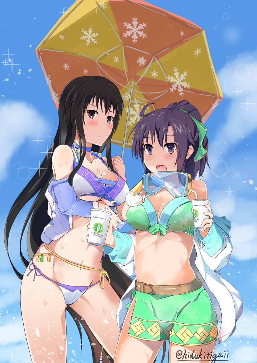 2girls absurdres arwing bare_legs bikini black_hair blush brand_name_imitation breasts brown_eyes cleavage fir_(fire_emblem) fire_emblem fire_emblem:_the_binding_blade fire_emblem:_the_blazing_blade goggles highres hizukichi_(windplay) karla_(fire_emblem) large_breasts long_hair mother_and_daughter multiple_girls open_mouth outdoors ponytail purple_eyes purple_hair smile snowflake_print star_fox starbucks swimsuit umbrella