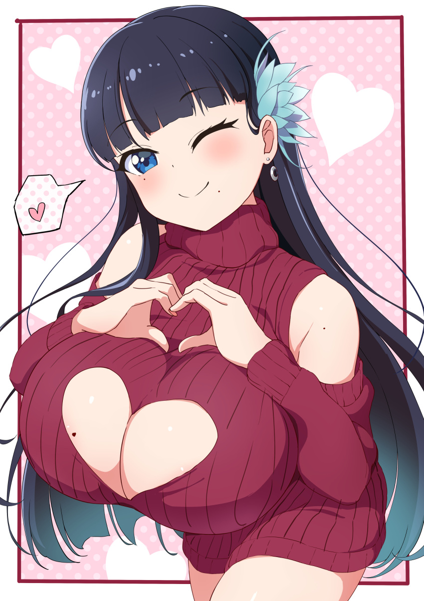 absurdres aqua_hair black_hair blue_eyes blunt_bangs blunt_ends breasts cleavage cleavage_cutout clothing_cutout commentary_request detached_sleeves earrings female flower gradient_hair hair_flower hair_ornament heart heart_hands highres hime_cut huge_breasts jewelry large_breasts looking_at_viewer meme_attire mole mole_on_breast mole_on_shoulder mole_under_eye mole_under_mouth multicolored_hair original red_sweater ribbed_sweater sakamata_(sakamata4) solo spoken_heart sweater two-tone_hair virgin_killer_sweater