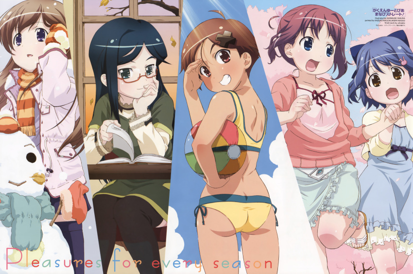 5girls :3 absurdres adjusting_hair ahoge amamiya_manami aqua_eyes ass back ball beachball bikini black_hair black_legwear blue_eyes blue_hair blush book brown_eyes brown_hair cherry_blossoms cloud coat column_lineup day desk dress english_text etou_mei feet frills gakuen_utopia_manabi_straight! glasses grin hair_ornament hairclip happy head_rest highres holding_hands inamori_mika long_hair looking_back magazine_scan mittens multiple_girls newtype odori_momoha official_art open_mouth outdoors purple_hair red_eyes running sandals scan scarf shading_eyes short_hair side-tie_bikini_bottom sitting skirt sky smile snow snowman striped_clothes striped_scarf sunset swimsuit tankini thighhighs uehara_mutsuki window yasuda_shinsuke zettai_ryouiki