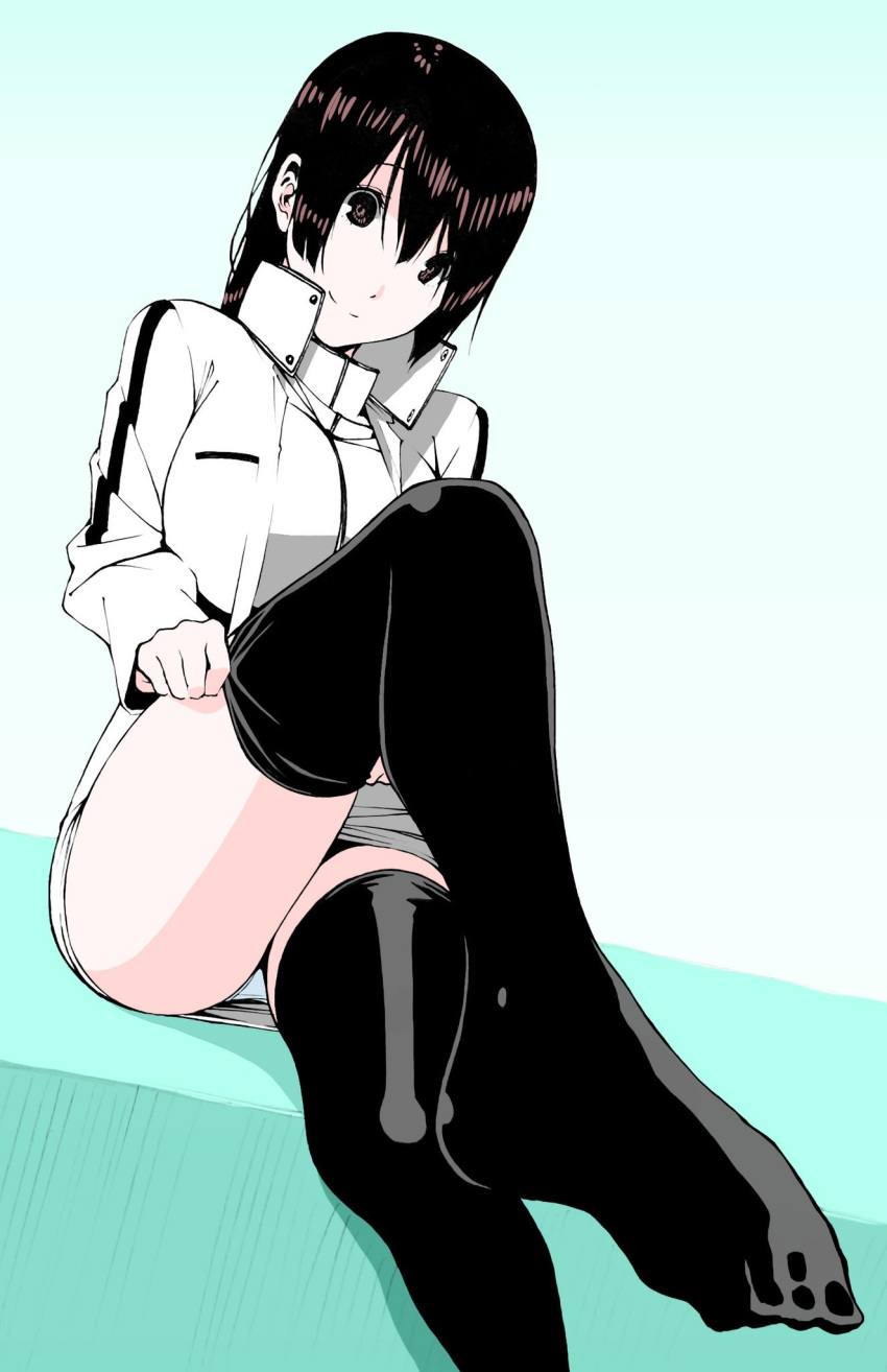 black_hair black_legwear blue_panties brown_eyes collared_shirt commentary_request crossed_legs dressing feet female foot_focus gamma_(ogino_jun) highres jacket kitajishi_miyuki long_sleeves miniskirt no_shoes ogino_jun panties pantyshot shirt sidelocks sitting skirt smile solo thighhighs_pull underwear white_jacket white_skirt