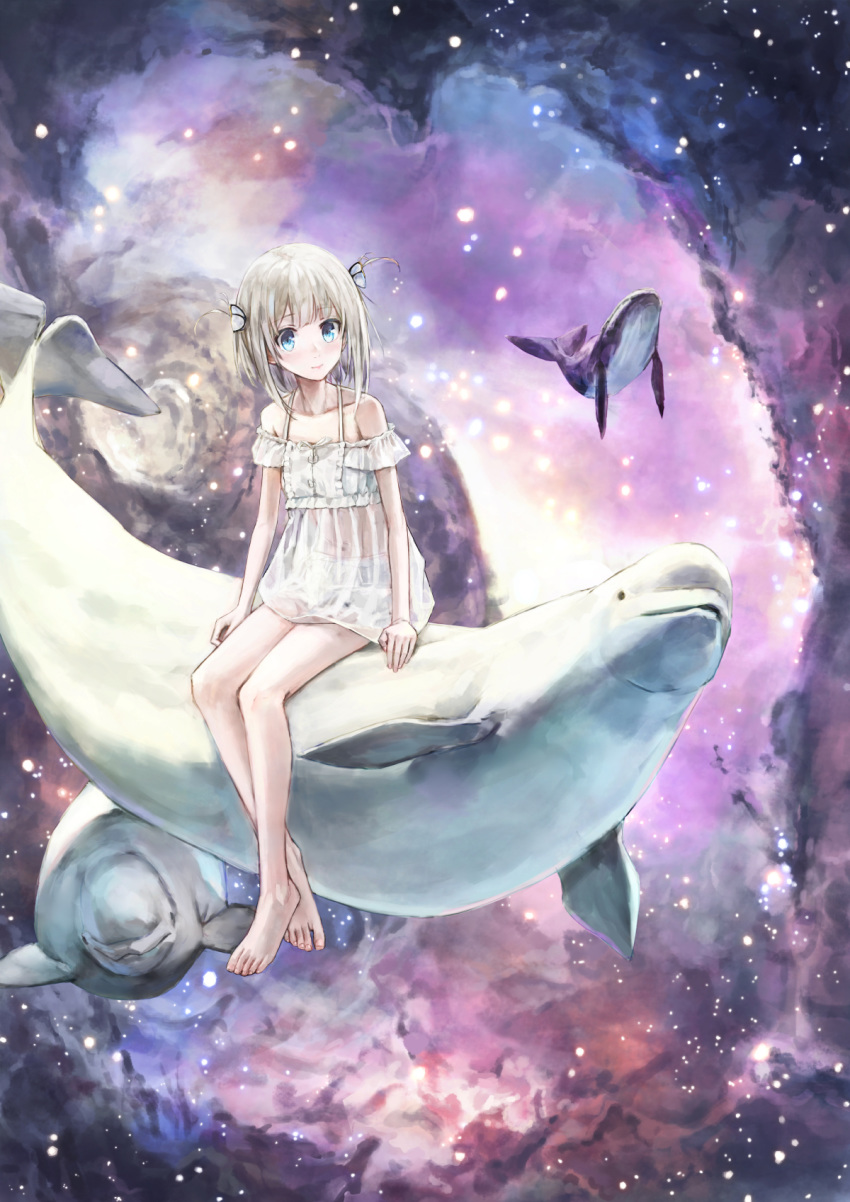 54cr barefoot beluga_whale blue_eyes commentary dress female hair_ornament highres humpback_whale light_brown_hair looking_at_viewer medium_hair original photoshop_(medium) see-through sitting sky star_(sky) starry_sky whale white_dress