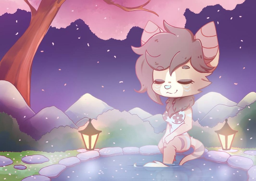 alyona_the_floof anthro bat canid canine chibi closed_eyes female fox fur hot_spring inosagi japan lamp lantern mammal noon onsen outside relaxing sitting smile solo tan_body tan_fur water