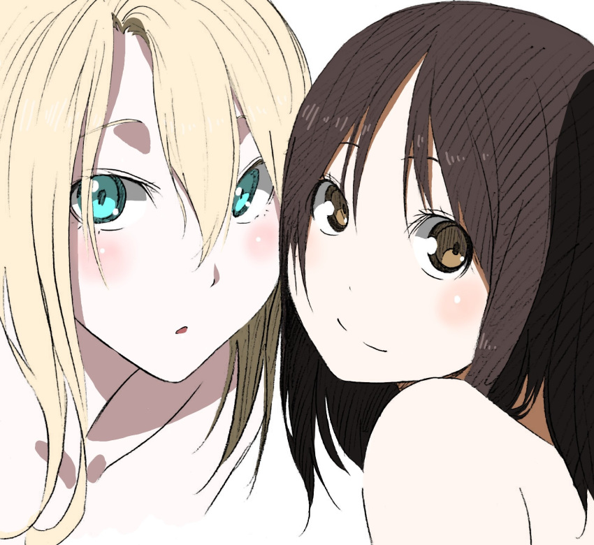 2girls bare_shoulders blonde_hair blue_eyes brown_eyes brown_hair commentary_request gamma_(ogino_jun) highres kitajishi_yuri long_hair looking_at_viewer marina_lednev medium_hair multiple_girls ogino_jun open_mouth portrait smile turning_head