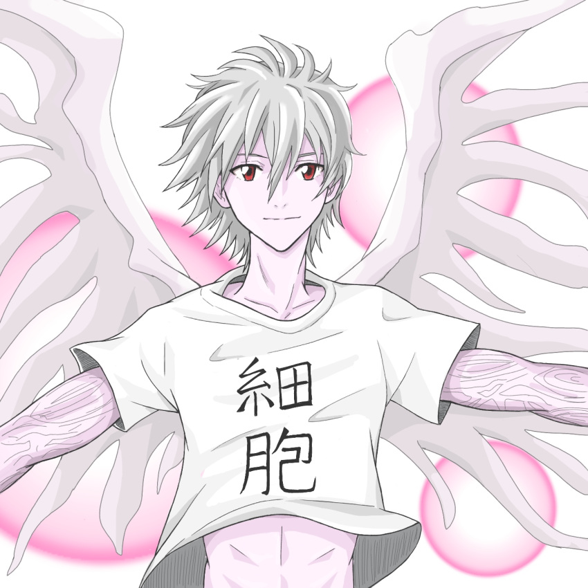 1boy anita_chu_311 cancer_cell_(hataraku_saibou) cancer_cell_(hataraku_saibou)_(cosplay) cosplay grey_hair hataraku_saibou highres large_wings looking_at_viewer male_focus marker_(medium) midriff nagisa_kaworu neon_genesis_evangelion painting_(medium) red_eyes shirt simple_background smile solo t-shirt traditional_media watercolor_(medium) wings