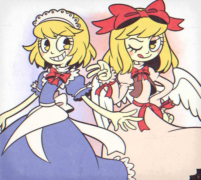 1930s_(style) 2girls :p angel_wings blonde_hair blush_stickers cartoonized commentary cuphead_(game) dress english_commentary feathered_wings gengetsu_(touhou) hair_ribbon highres maid maid_headdress mugetsu_(touhou) multiple_girls neck_ribbon one_eye_closed parody retro_artstyle ribbon sash smile style_parody tongue tongue_out toon_(style) touhou touhou_(pc-98) vest wings yatsunote yellow_eyes