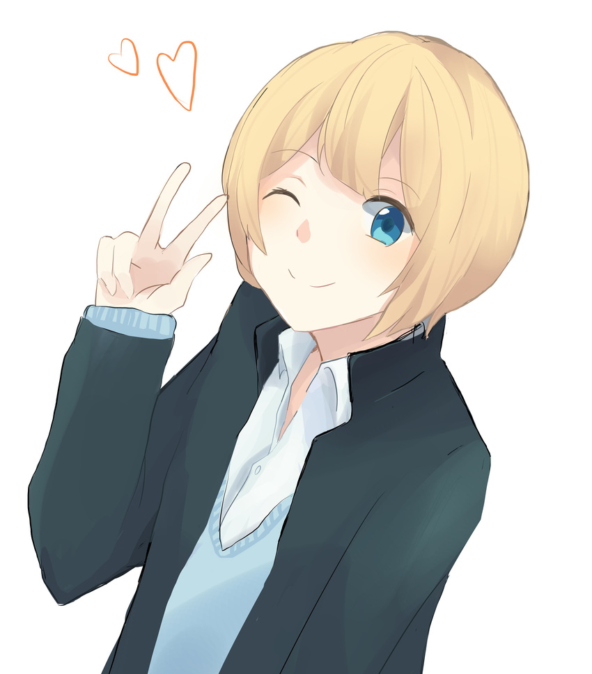 1boy bad_id bad_pixiv_id blazer blonde_hair blush heart highres jacket kohinata_hozumi male_focus one_eye_closed prince_of_stride rusapoko shirt simple_background solo sweater v white_background