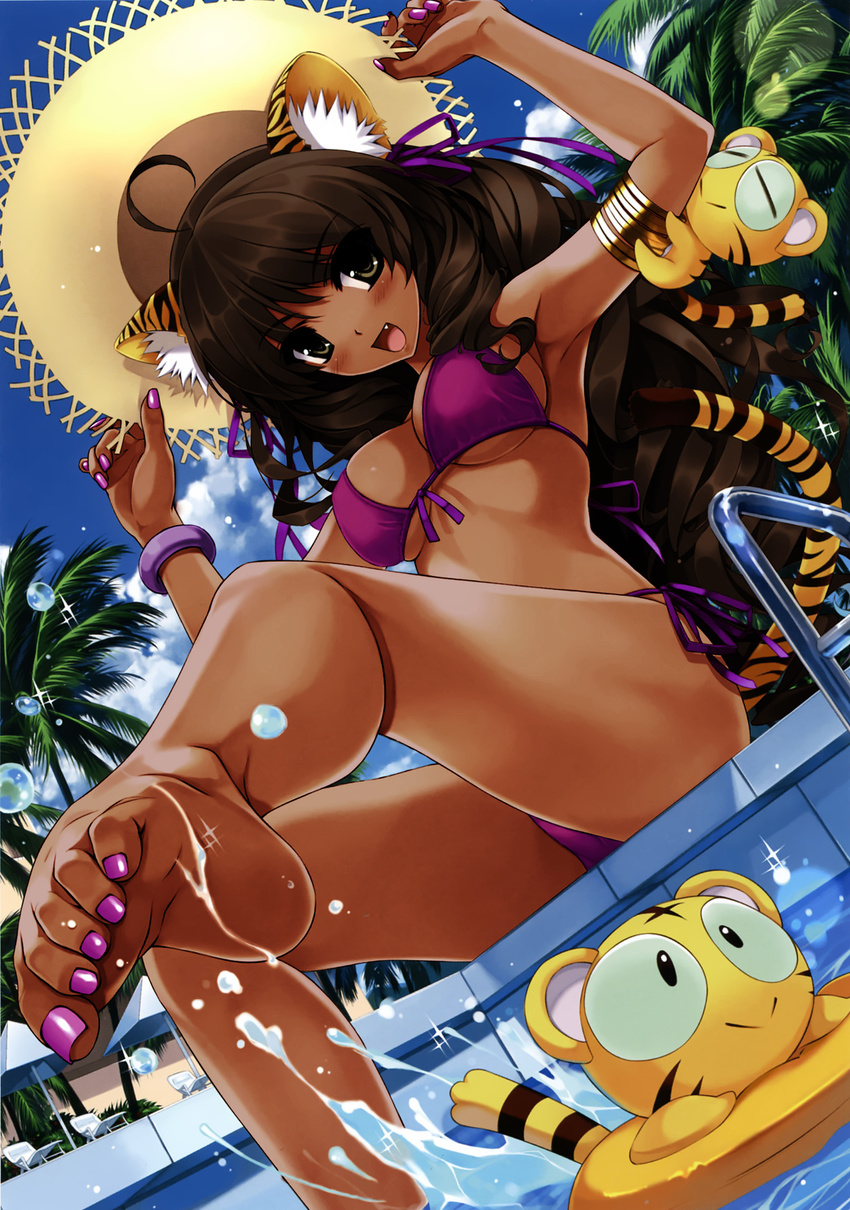 animal_ears armpits arms_up barefoot bikini black_hair brown_eyes cat_ears cat_tail cradle_(artist) dark_skin feet female highres legs long_hair misaki_kurehito nail_polish oerba_yun_fang photoshop pink_nails pool purple_nails soles solo swimsuit tail tan tiger_ears tiger_tail toe_scrunch toenail_polish toes very_long_hair