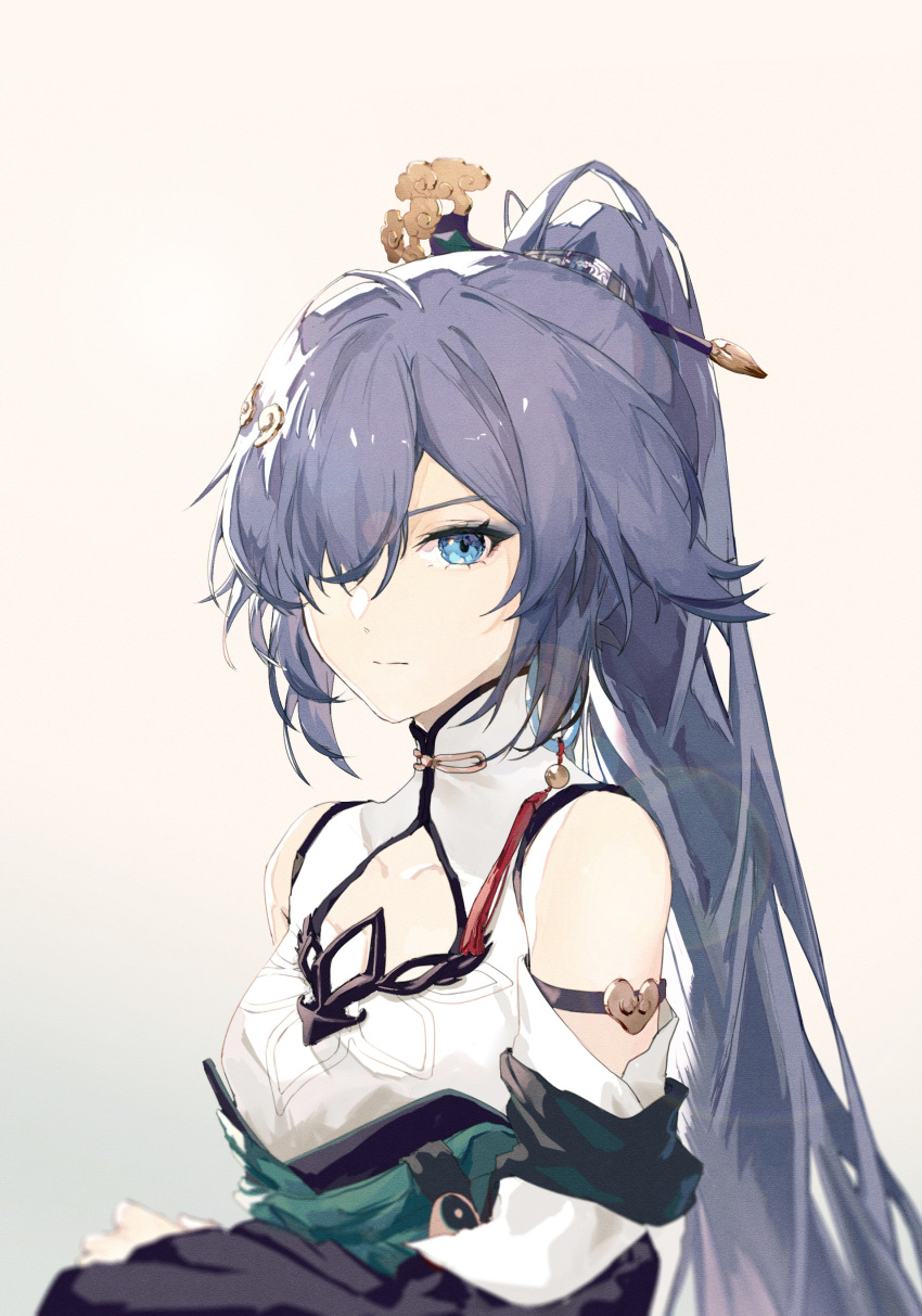 absurdres bad_id bad_lofter_id bare_shoulders beige_background black_hair blue_eyes china_dress chinese_clothes closed_mouth dress female fu_hua fu_hua_(azure_empyrea) hair_ornament hair_over_one_eye highres honkai_(series) honkai_impact_3rd long_hair long_sleeves looking_at_viewer ponytail qqqne simple_background solo white_dress