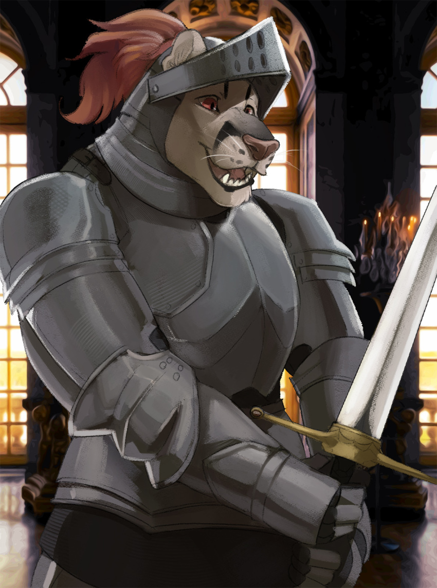 2022 anthro armor castle cougar echo_(series) echo_project fangs felid feline fur hi_res holding_melee_weapon holding_object holding_sword holding_weapon horrorbuns inside male mammal melee_weapon orange_body orange_fur pink_nose samuel_ayers smile solo sword teeth teeth_showing the_smoke_room weapon whiskers white_body white_fur