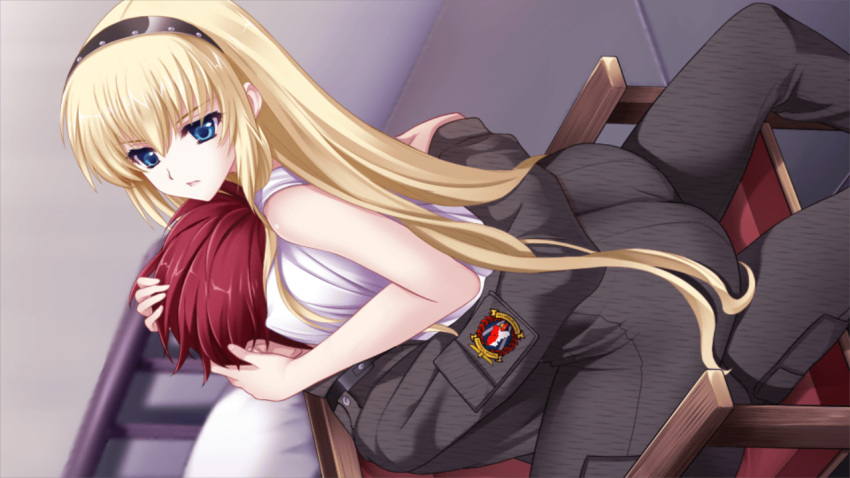 1boy black_hairband blonde_hair blue_eyes breast_press breasts closed_mouth cowgirl_position dutch_angle female game_cg hair_between_eyes hairband irisdina_bernhard large_breasts long_hair muv-luv muv-luv_alternative muv-luv_alternative_strike_frontier pants red_hair shirt sleeveless sleeveless_shirt straight straight_hair theodor_edelbach very_long_hair white_shirt