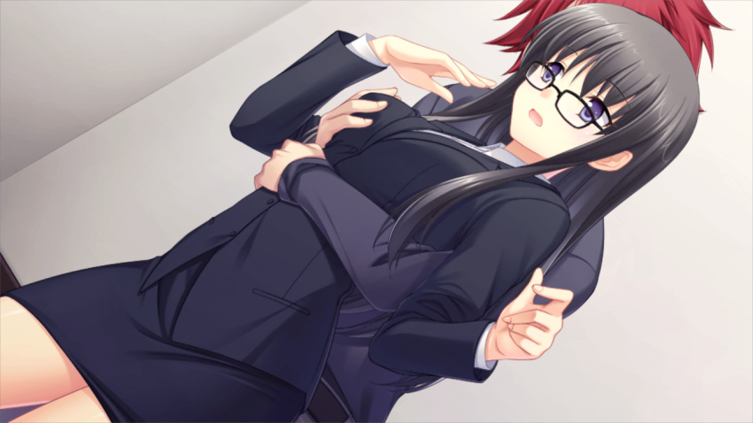 1boy black-framed_eyewear black_hair black_jacket black_skirt breasts collared_shirt cowboy_shot female game_cg glasses grabbing grabbing_another's_breast grabbing_from_behind gretel_jeckeln hair_between_eyes jacket long_hair long_sleeves medium_breasts miniskirt muv-luv muv-luv_alternative muv-luv_alternative_strike_frontier open_mouth pencil_skirt purple_eyes red_hair shirt skirt straight straight_hair theodor_edelbach white_shirt wing_collar