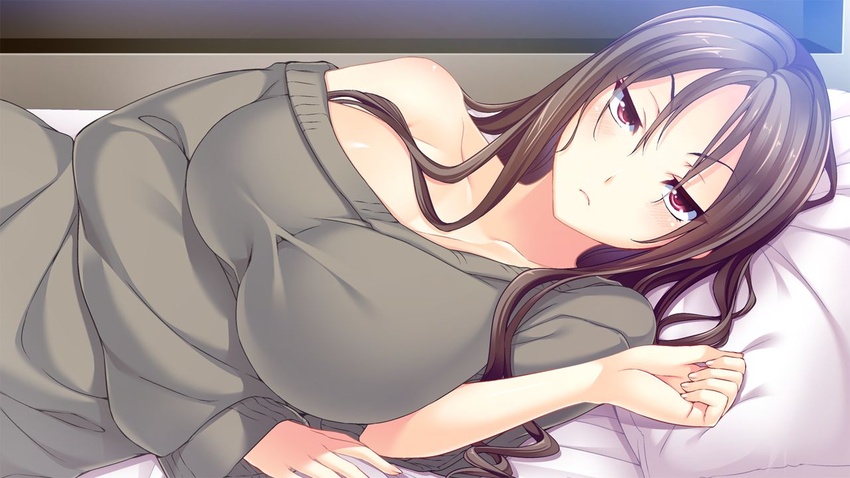 ane_yome_quartet arm_under_breasts bangs bare_shoulders bed bed_sheet blush breasts brown_hair cleavage collarbone female frown grey_sweater hair_between_eyes hanabishi_yurina hisasi huge_breasts indoors large_breasts long_hair looking_at_viewer lying on_side pillow pout red_eyes solo sweater unhappy