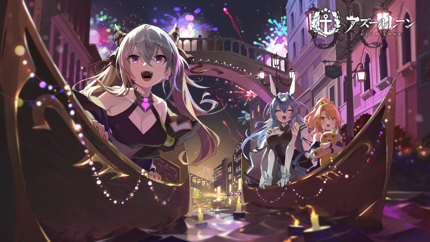 3girls absurdres azur_lane bare_shoulders blue_hair breasts bridge bsue candle cleavage cleavage_cutout closed_eyes clothing_cutout elbow_gloves fireworks gloves gondola grey_hair hair_between_eyes headgear highres holding holding_toy large_breasts loading_screen long_hair morrison_(azur_lane) multicolored_hair multiple_girls new_jersey_(azur_lane) official_art open_mouth orange_hair outdoors pink_hair purple_eyes san_francisco_(azur_lane) sleeveless streaked_hair stuffed_toy taut_clothes teeth tongue toy two-tone_hair upper_teeth_only venice white_gloves