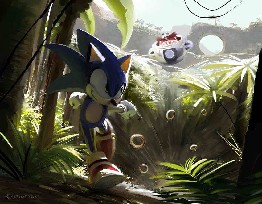 absurd_res alpineping anthro big_mustache blue_body blue_fur chasing clothing dr._eggman duo egg_mobile eulipotyphlan facial_hair flying footwear forest fur gloves grin handwear hedgehog hi_res human leaf light male mammal moustache nature outside plant ring_(sonic) running sega shoes smile sneakers sonic_the_hedgehog sonic_the_hedgehog_(series) sunlight tree