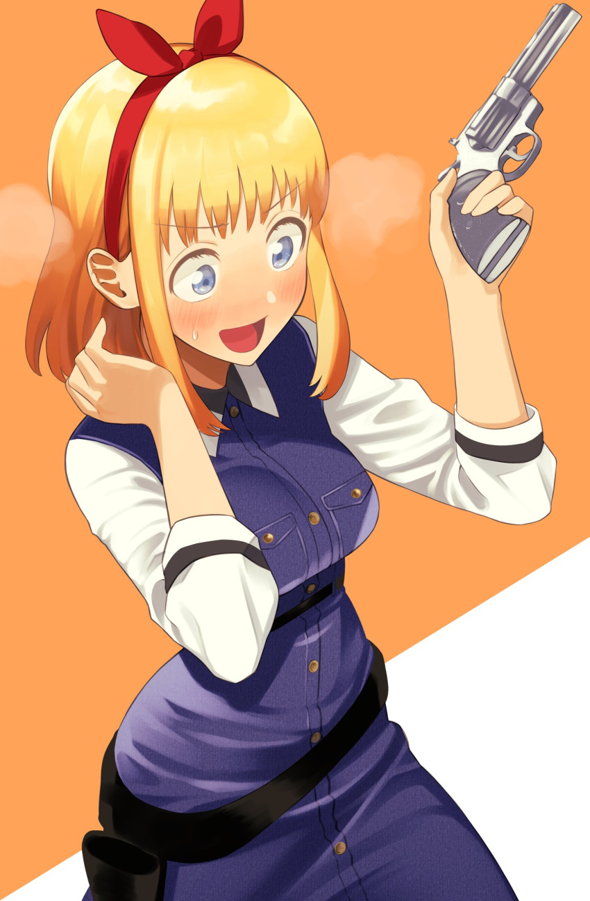 :d belt blonde_hair blue_eyes blush bow cowboy_shot denim_dress dress female gun hairband hairbow hand_up handgun hands_up highres hoankan_evans_no_uso holding holding_gun holding_weapon holster long_sleeves medium_hair nagashii_kouhei open_mouth phoebe_oakley purple_dress red_bow red_hairband revolver shirt smile solo steaming_body sweat weapon white_shirt