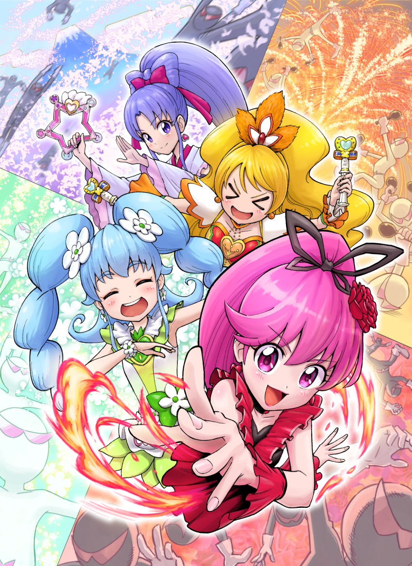 >_< 4girls :d aino_megumi blonde_hair blue_hair bow bow-shaped_hair brooch cherry_blossoms choiark choker closed_eyes closed_mouth commentary_request cure_fortune cure_fortune_(anmitsu_komachi) cure_honey cure_honey_(coconut_samba) cure_lovely cure_lovely_(cherry_flamenco) cure_princess cure_princess_(macadamia_hula_dance) dancing detached_sleeves fire flipped_hair flower fortune_tambourine green_bow hair_flower hair_ornament hairbow happinesscharge_precure! happy heart heart_brooch heart_wand high_ponytail highres hikawa_iona holding holding_wand itou_shin'ichi japanese_clothes jewelry kimono long_hair looking_at_viewer magical_girl mountain multiple_girls oomori_yuuko open_mouth pink_bow pink_eyes pink_hair ponytail precure purple_eyes purple_hair red_flower red_rose red_sleeves red_wrist_cuffs rose shirayuki_hime smile twintails waist_bow wand white_kimono wrist_cuffs xd