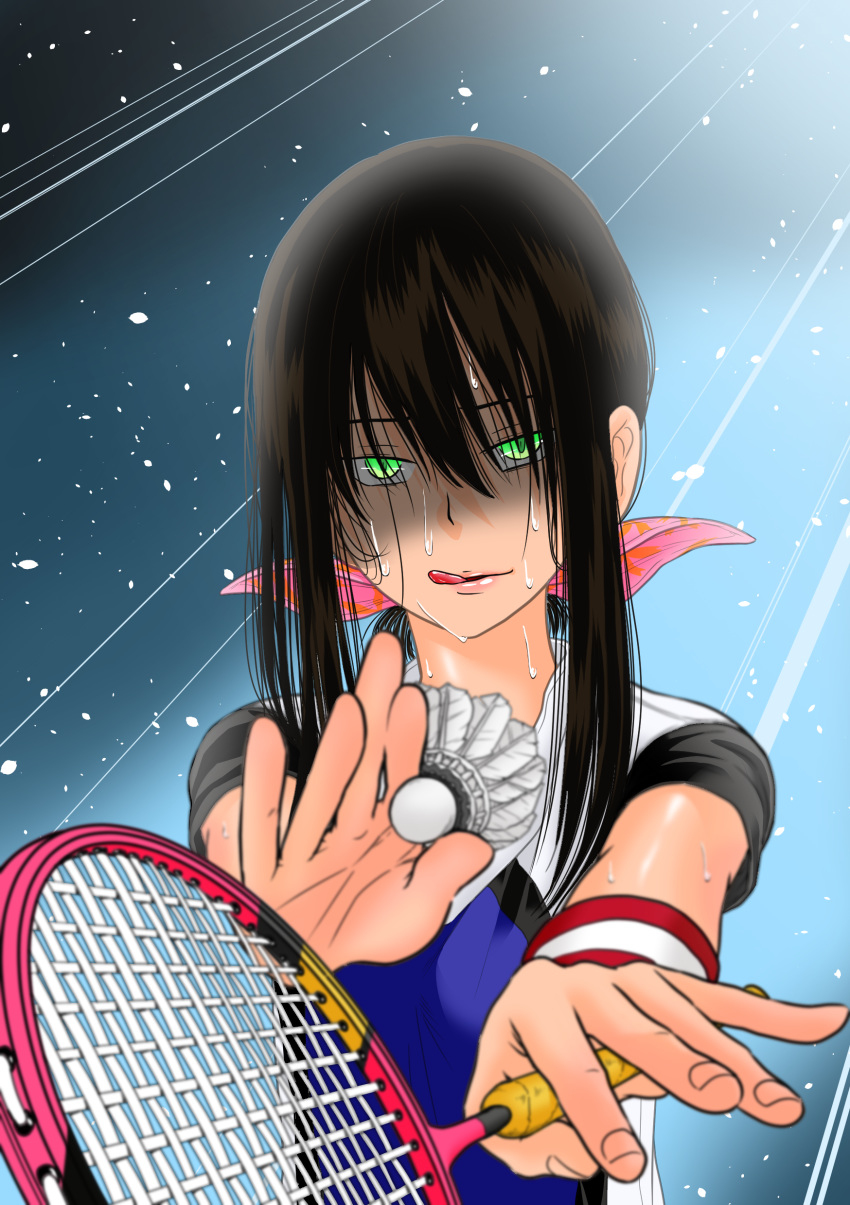 :q absurdres badminton_racket black_hair commentary_request female foreshortening green_eyes hair_between_eyes hanebado! hanesaki_ayano highres kamayudetako left-handed lips long_hair looking_at_viewer racket sidelocks smile solo sportswear sweat tongue tongue_out uniform