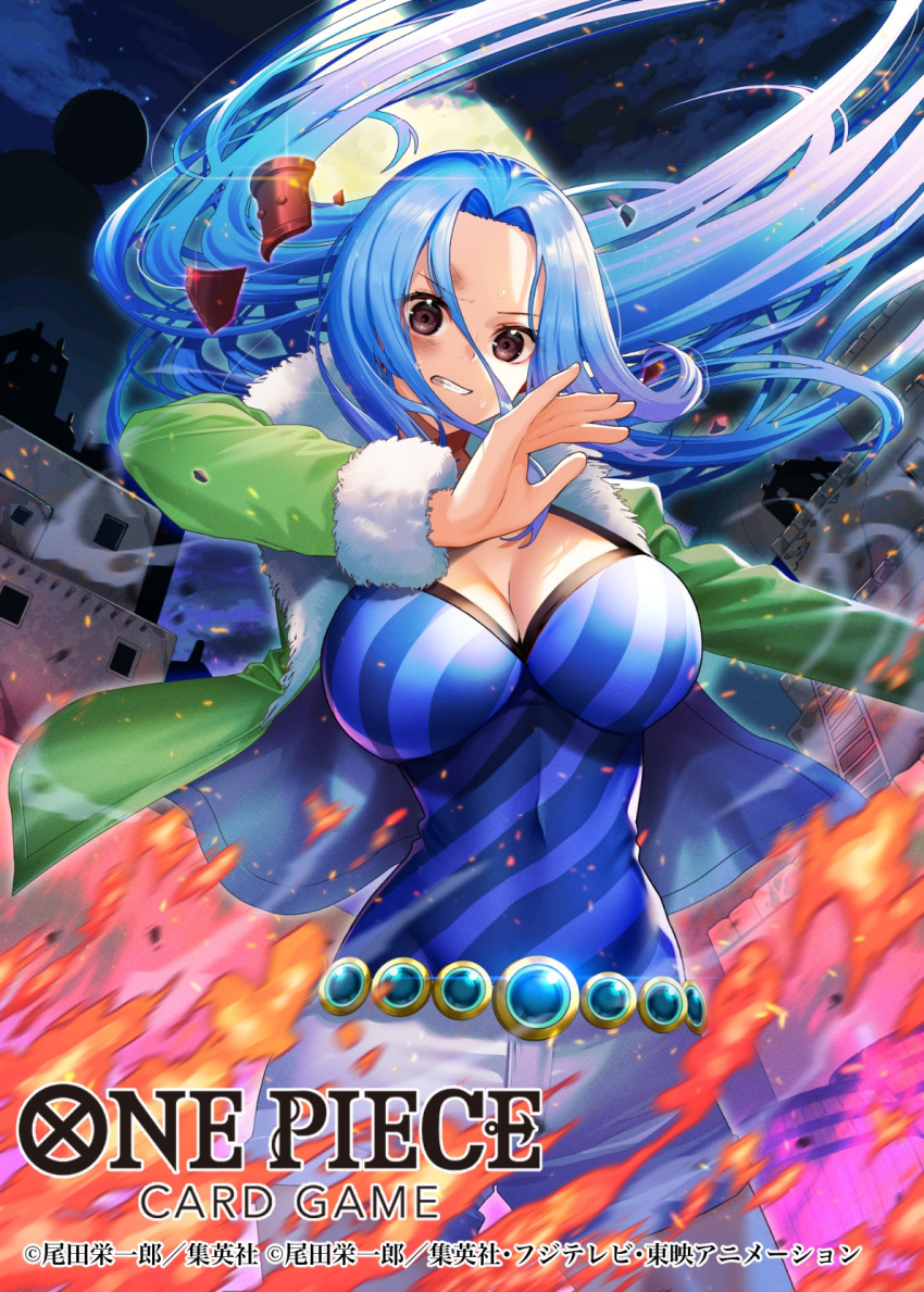 bashikou belt breasts commentary_request copyright_name cowboy_shot female fire floating_hair fur-trimmed_jacket fur_trim green_jacket highres jacket long_hair looking_at_viewer moon nefertari_vivi night night_sky official_art one_piece one_piece_card_game pants sky smoke solo sweatdrop white_pants