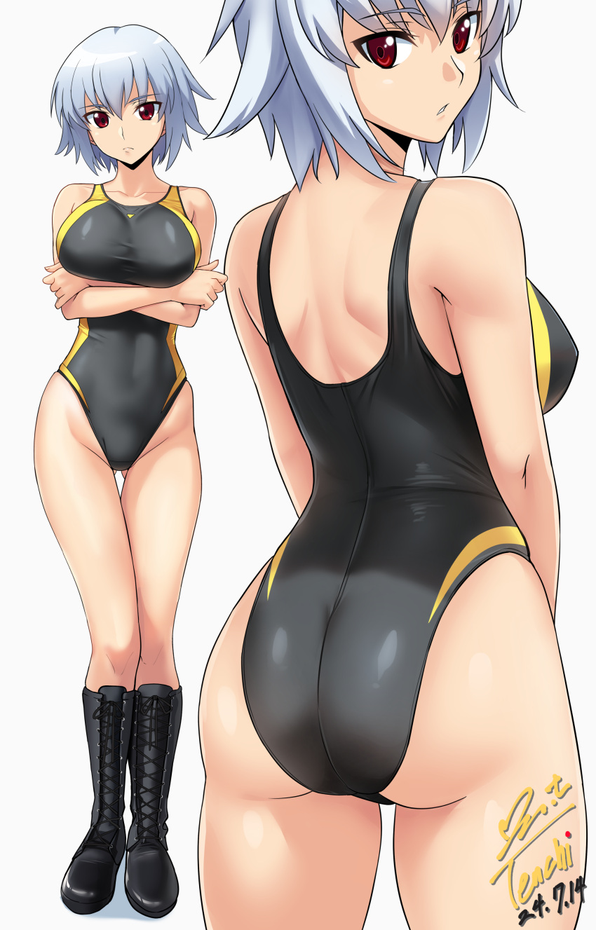 absurdres ben-tou boots breasts collarbone commission competition_swimsuit cross-laced_footwear crossed_arms dated expressionless female full_body groin highleg highres lace-up_boots large_breasts looking_at_viewer looking_back multiple_views one-piece_swimsuit pixiv_commission red_eyes short_hair signature solo standing swimsuit thigh_gap white_hair yarizui_sen yoo_tenchi