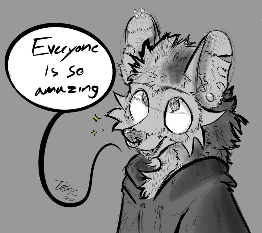 anthro canid canine clothing dialogue ear_piercing english_text hair happy looking_up male mammal maned_wolf monochrome notched_ear piercing smile solo speech_bubble sweater text topwear toxic_(toxicfcknworld) toxicfcknworld