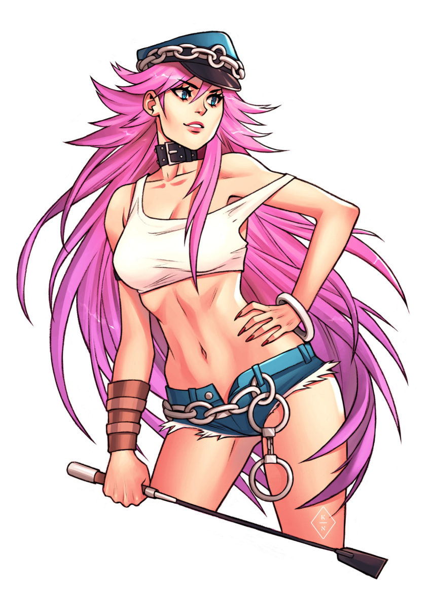 black_collar blue_eyes bracelet breasts chains cleavage collar collarbone contrapposto cowboy_shot crop_top cropped_legs cuffs denim denim_shorts female final_fight handcuffs hat highres jewelry kasia_nie long_hair medium_breasts micro_shorts midriff navel open_fly peaked_cap pink_hair pink_nails poison_(final_fight) riding_crop shorts solo tank_top third-party_source very_long_hair watermark white_tank_top