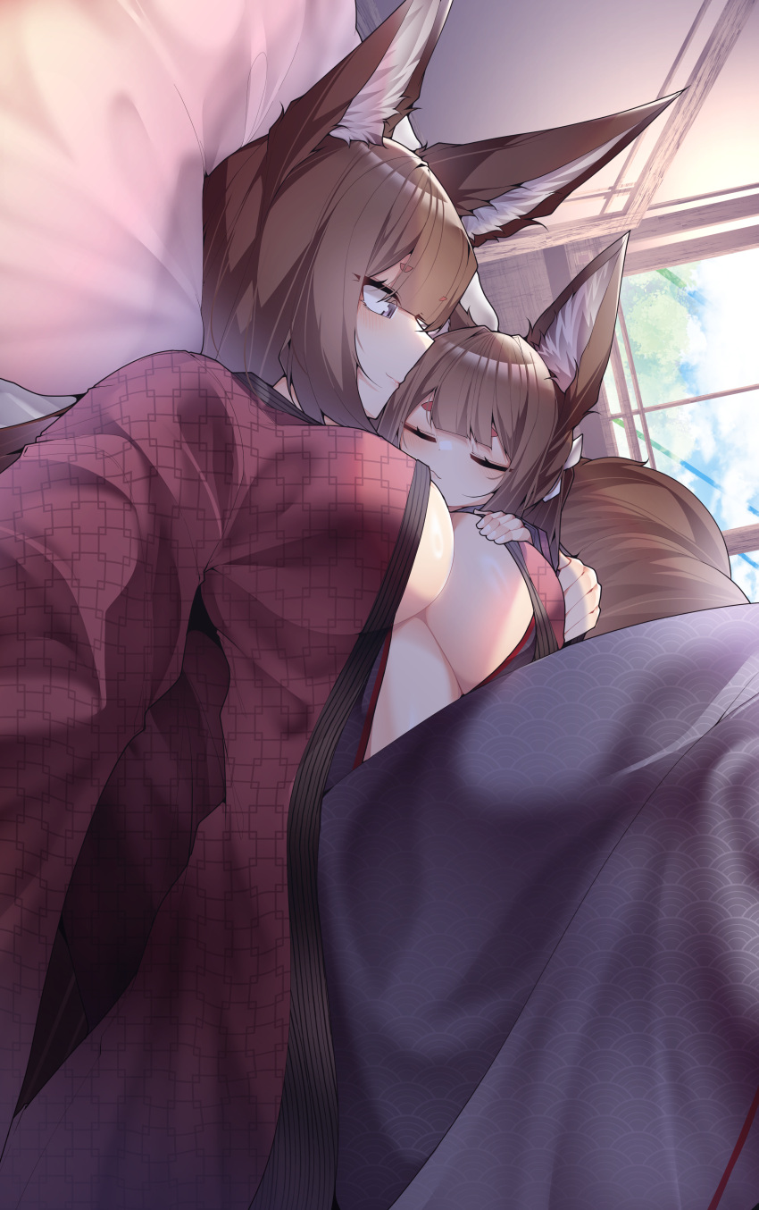 2girls absurdres amagi-chan_(azur_lane) amagi_(azur_lane) animal_ear_fluff animal_ears azur_lane breasts brown_hair brown_tail fox_ears fox_girl grey_eyes highres japanese_clothes kimono kitsune large_breasts large_ears lolicon looking_at_another multiple_girls on_bed open_clothes open_kimono pillow red_kimono samip sideways sleeping unmoving_pattern window