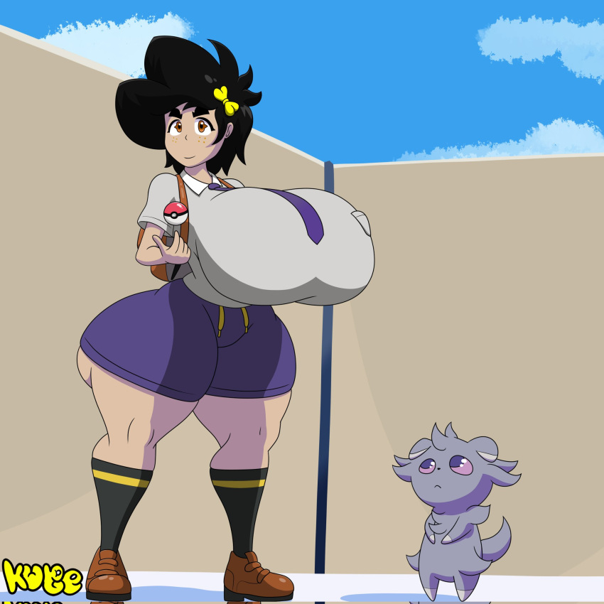 anthro ass big_breasts big_butt bottomwear breasts clothing duo espurr female footwear generation_6_pokemon grey_body hi_res huge_breasts huge_butt human kuge male mammal necktie nintendo piku_(kuge) pokeball pokemon pokemon_(species) purple_eyes shirt shoes shorts socks thick_thighs topwear