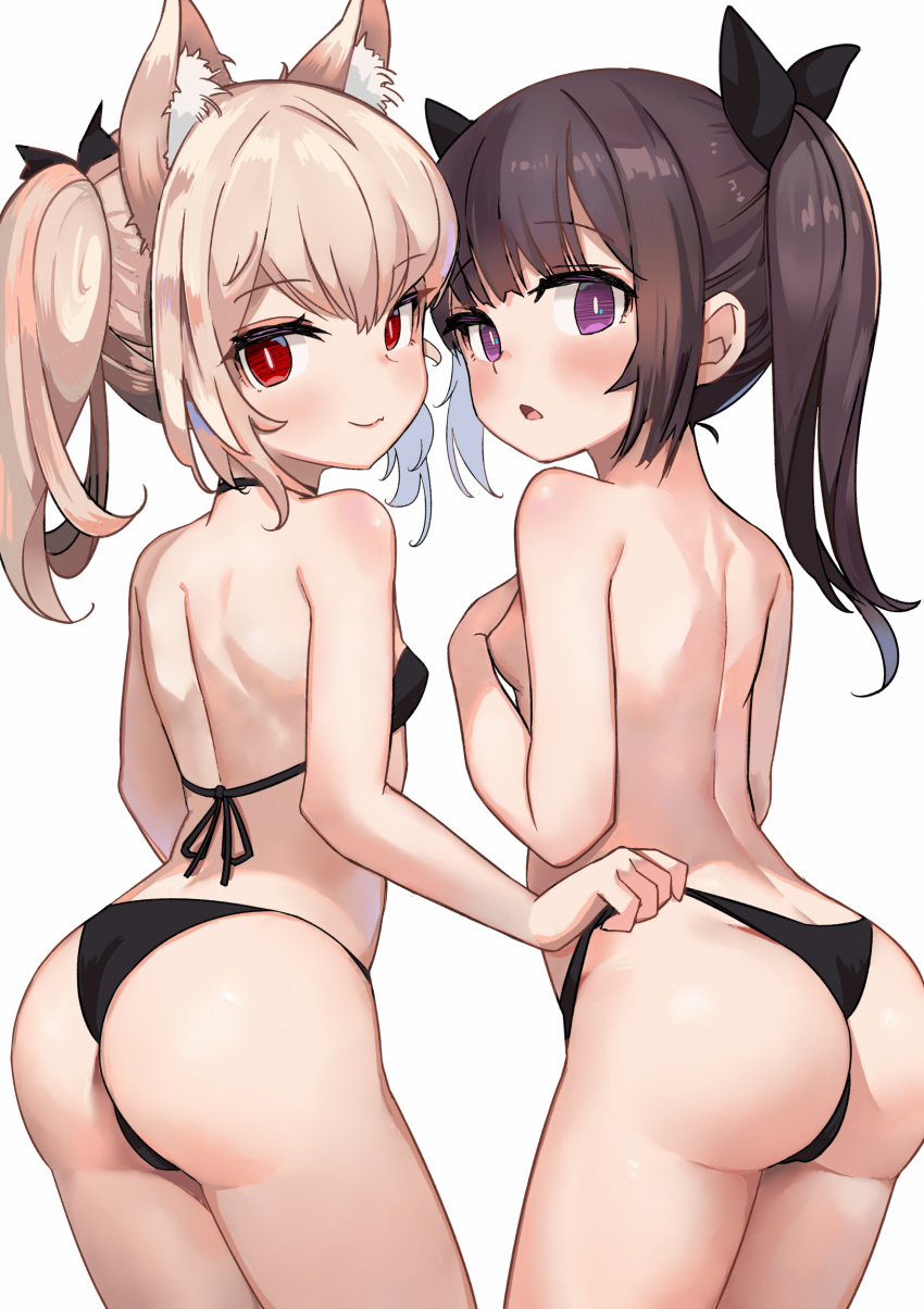 2girls absurdres animal_ear_fluff animal_ears arched_back ass back bare_arms bare_shoulders bikini bikini_bottom_only black_bikini black_bow black_bra blonde_hair blush bow bra breasts bright_pupils brown_hair closed_mouth clothes_grab covering_breasts covering_privates cowboy_shot from_behind hair_between_eyes hairbow halterneck hands_on_own_chest hands_up highres long_hair looking_at_viewer looking_back monomono multiple_girls open_mouth original purple_eyes raised_eyebrows red_eyes shoulder_blush sideboob sidelocks simple_background small_breasts smile strap_pull swimsuit topless twintails underwear white_background white_pupils