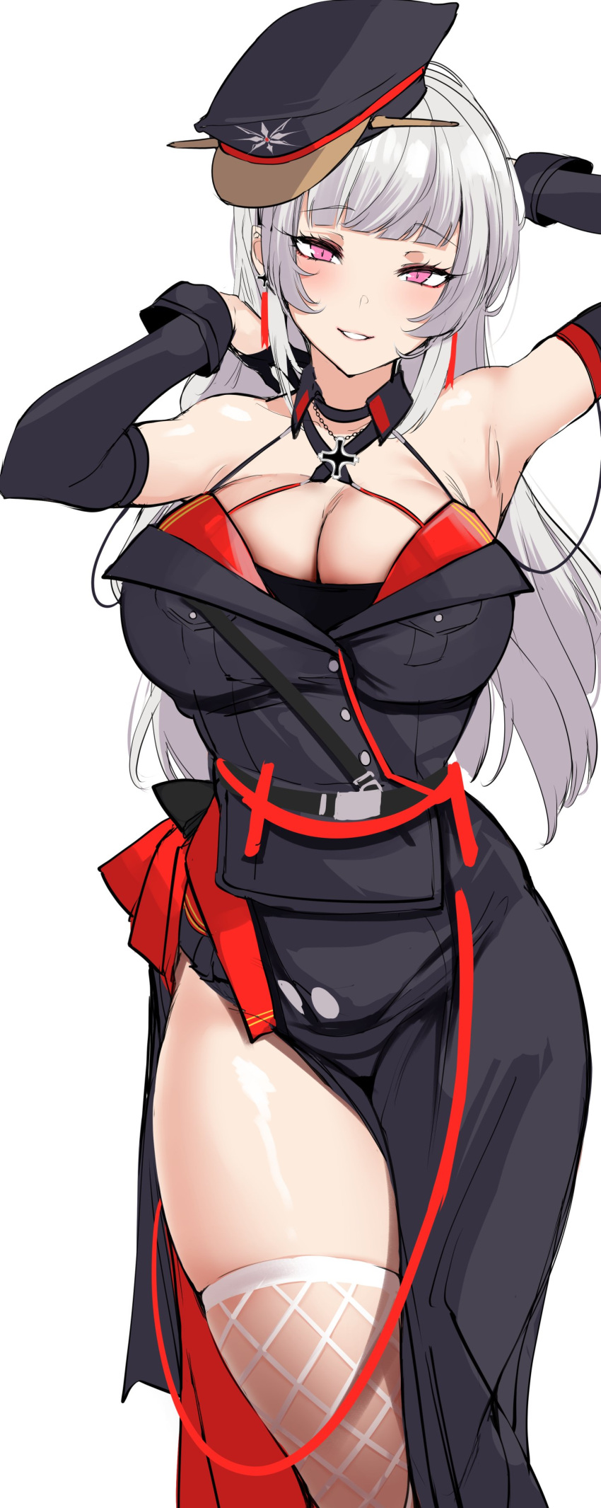 absurdres agetama armpits arms_up azur_lane black_dress black_gloves black_hat blunt_bangs breasts cleavage cross dress elbow_gloves female fishnet_thighhighs fishnets gloves hat highres huge_breasts iron_cross military_uniform paid_reward_available parted_lips peaked_cap pink_eyes red_dress seductive_smile side_slit simple_background skindentation smile solo thighhighs tilted_headwear two-tone_dress uniform white_background white_hair white_thighhighs yorck_(azur_lane)