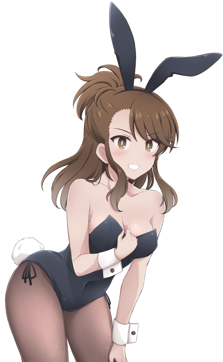 absurdres amaretto_(girls_und_panzer) animal_ears bare_shoulders breasts brown_eyes brown_hair cleavage cowboy_shot female girls_und_panzer hazuki_haru highres leotard looking_at_viewer medium_breasts non-web_source playboy_bunny rabbit_ears rabbit_tail simple_background smile strapless strapless_leotard tail teeth white_background