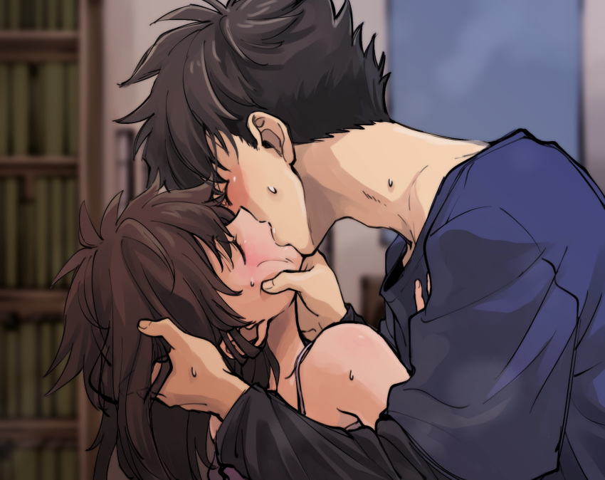 1boy bare_shoulders black_sleeves blue_shirt blurry blurry_background blush bookshelf borokouhek brown_hair closed_eyes commentary_request couple female from_behind hand_on_another's_cheek hand_on_another's_chest hand_on_another's_face highres holding_another's_head kissing kuroba_kaito magic_kaito medium_hair nakamori_aoko shirt short_hair spaghetti_strap straight sweat upper_body