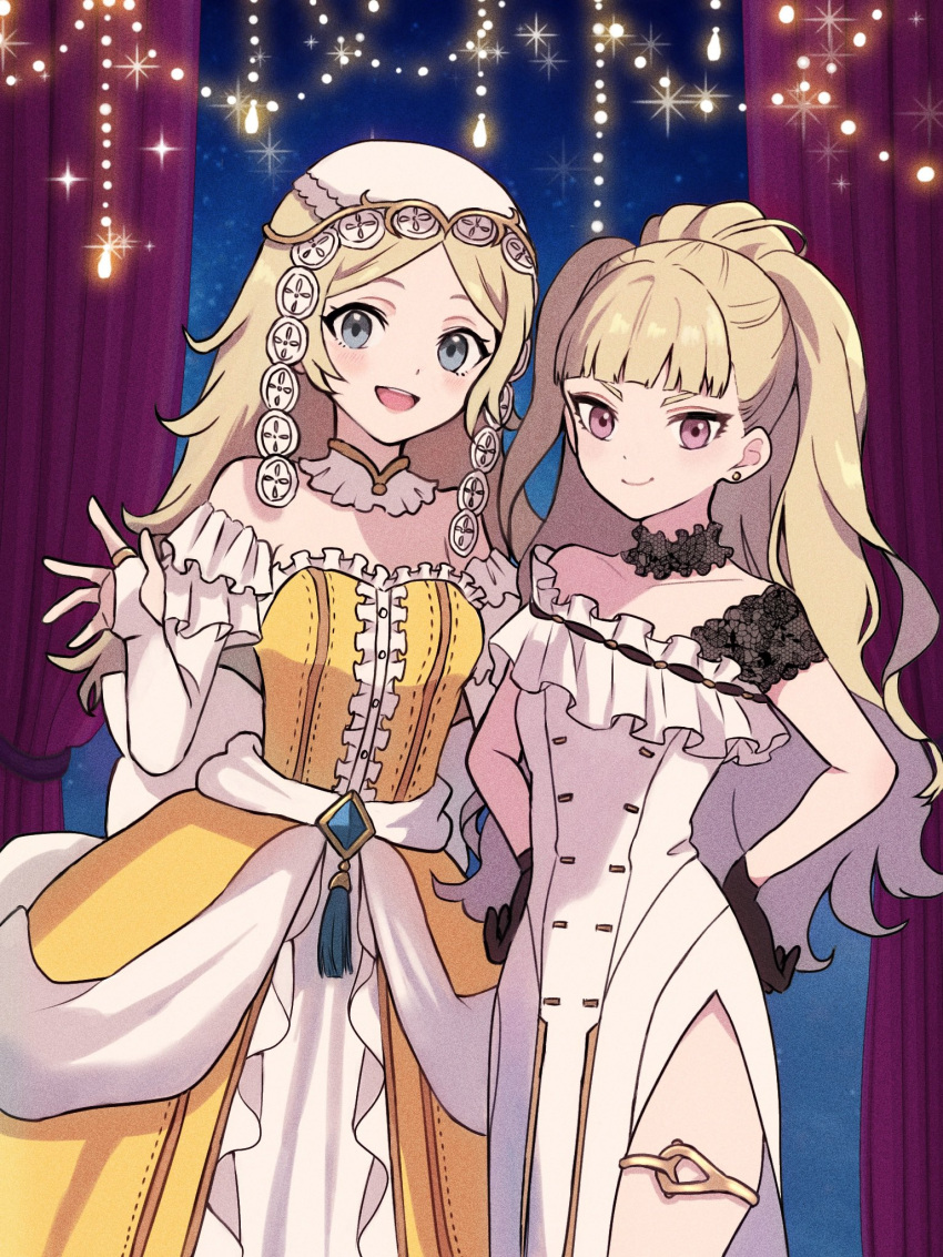 2girls back_bow blonde_hair blue_eyes blue_gemstone blunt_bangs bow breasts bridal_gauntlets collarbone commentary_request cowboy_shot curtains detached_collar dress earrings eitri_(fire_emblem) eyebrows_hidden_by_hair fire_emblem fire_emblem_awakening fire_emblem_heroes frilled_dress frills gem hands_on_own_hips headdress highres jewelry light_blush lissa_(fire_emblem) long_hair looking_at_viewer multiple_girls night night_sky open_mouth pink_eyes shadow sky small_breasts tassel thighlet tsurime very_long_hair waving white_background white_dress yellow_dress yuurururun